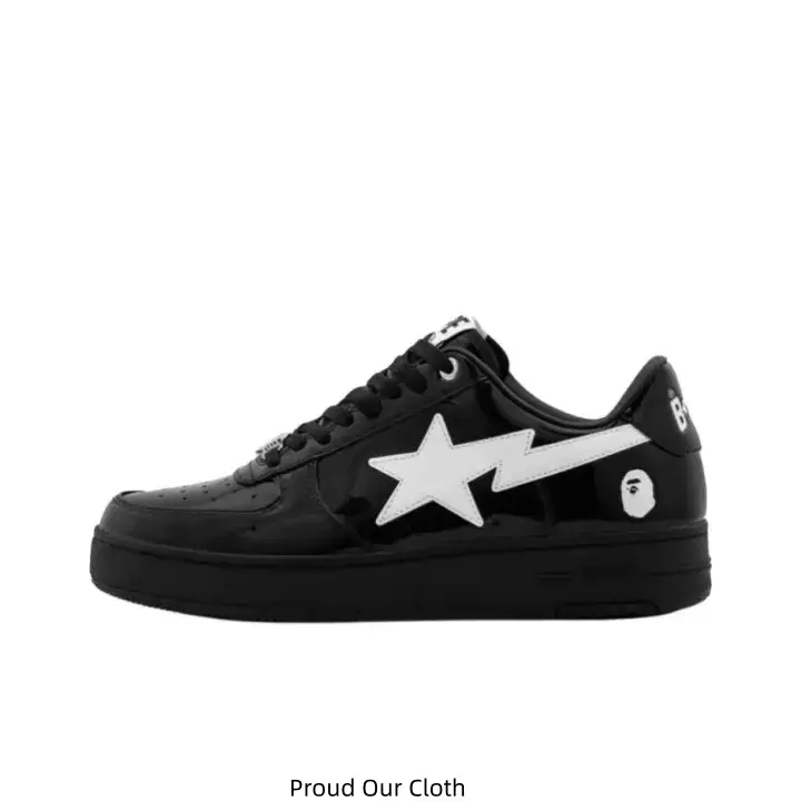 Glossy Black Patent Leather Low Top Sneakers White Star Lightning Graphic Logo Small Cartoon Head Heel Detail Black Flat Rubber Midsole Street Fashion Skate Shoes