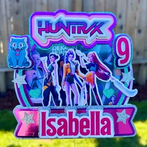 Huntrix Theme Cake Topper  Party Featuring Demon Hunter Characters and Sparkling Details.