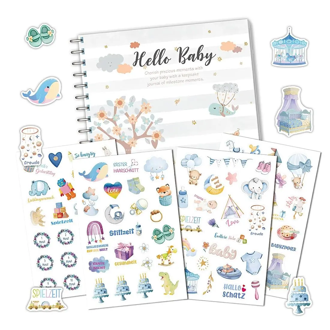 Baby Memory Book with Cute Stickers, Hello Baby First Year Journal & Keepsake Book, Watercolor Baby Milestone Album, Gender Neutral Baby Shower Gift, New Mom Gift, Pregnancy Gift, Newborn Scrapbook Set, Baby Record Book, Mom-to-Be Gift, Photo Album