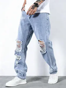 Men's Comfortable Loose Fit Straight Leg Jeans, Street Style Fashion Print Ripped Denim Jeans, Perfect for Daily Wear