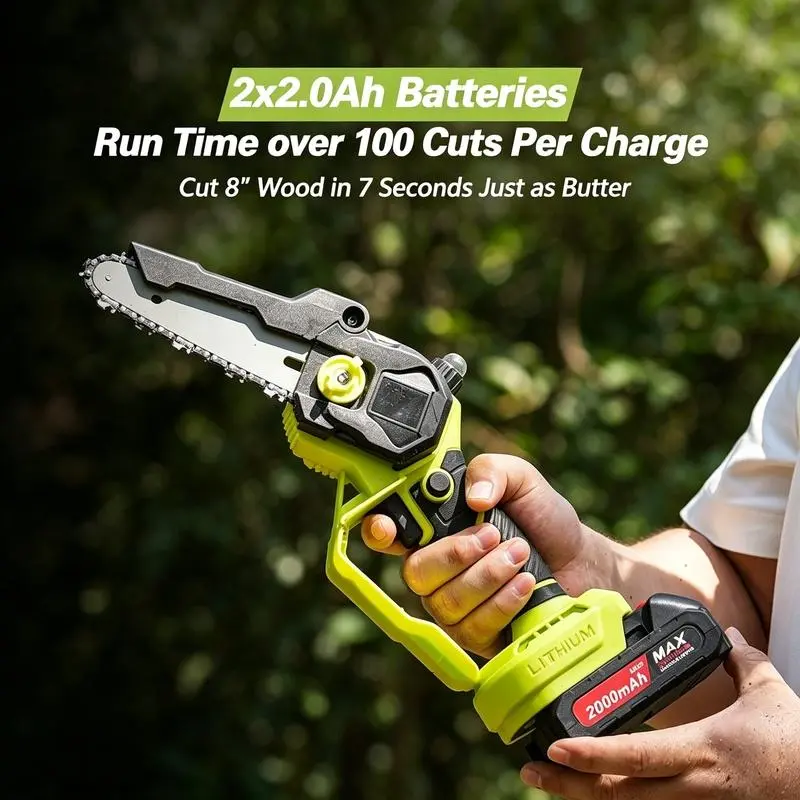 6inch Mini cordless chainsaw, safety handle, comes with a portable storage case for easy carrying. Suitable for trimming in home gardens