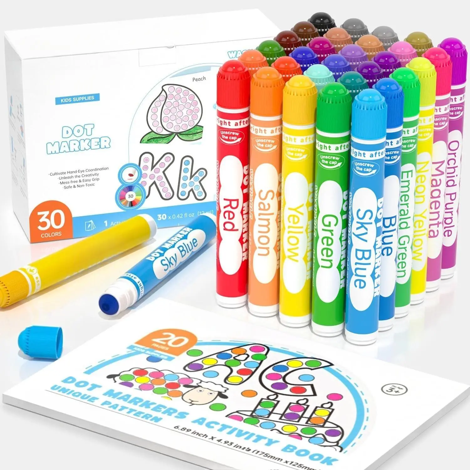 Z-ITC23 30-Color Washable Dot Markers for Toddlers, 0.42 oz Non-Toxic Water-Based Bingo Daubers, Educational Arts & Crafts Supplies with Free Activity Book, Washable Markers