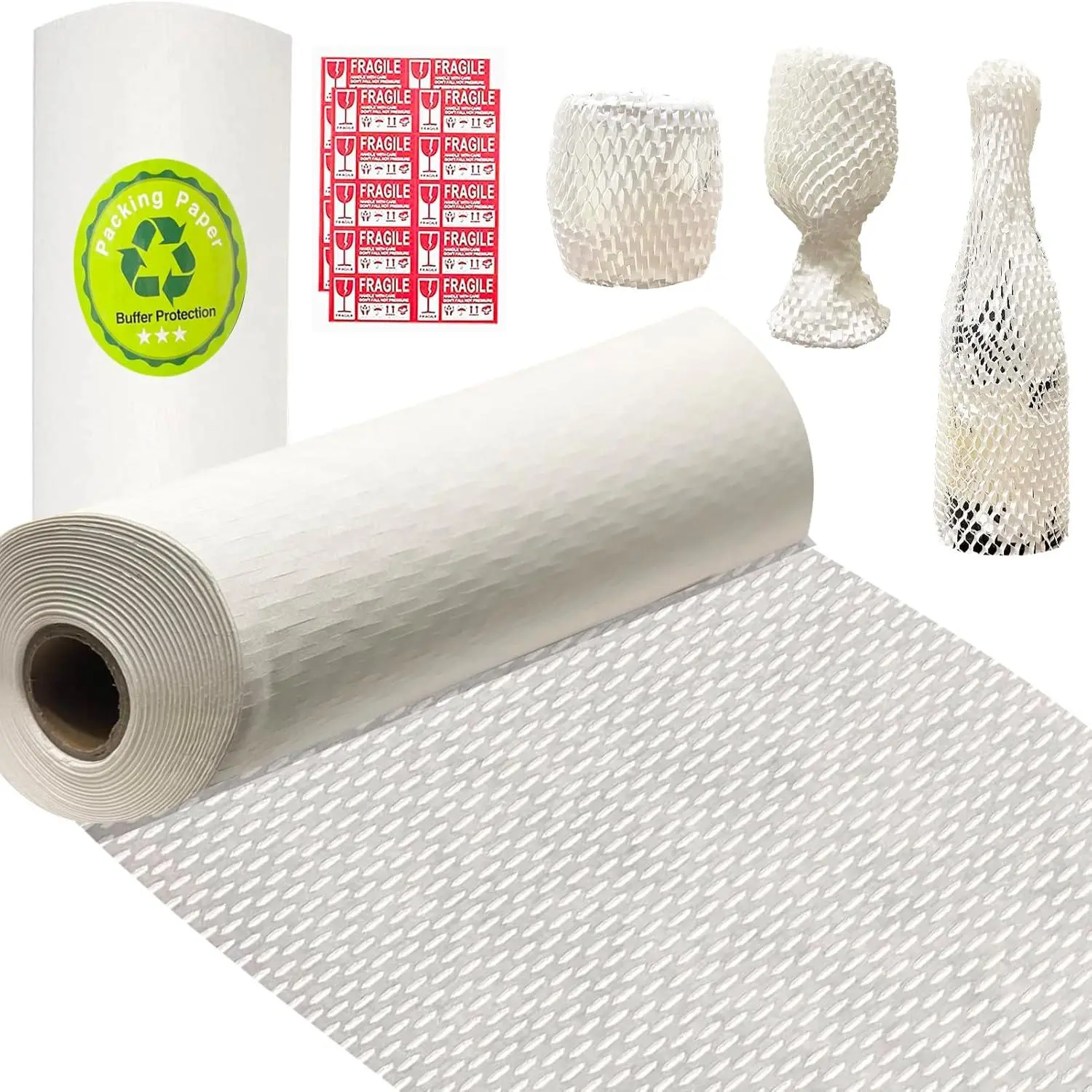Recyclable Cushioning Packing Paper - 15in x 230in Perforated Clean Look Cushioning Material, Easy-to-Use Green Alternative Mailing Supplies for Small Businesses, Moving/Shipping Breakable Items with 20 Fragile Stickers (White)
