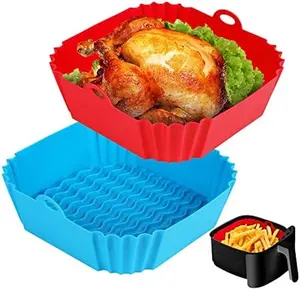 2 PCS Square Silicone Air Fryer Liners - 8 Inch Reusable Air Fryer Pot - Air Fryer Accessories - Air Fryer Inserts for 4 to 7 QT Oven Microwave Accessories (Red + Blue)