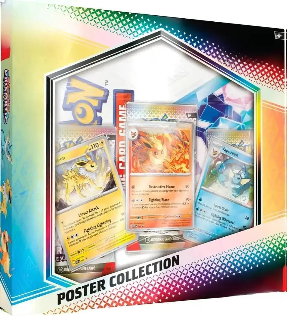 Pokémon TCG Scarlet-Violet: SV Prismatic Evolutions Poster Collection Box, 3 Foil Promos (Flareon, Vaporeon, Jolteon), 27 Illustrated Eevee Artworks, Premium Booster Pack, English TCG Booster Pack