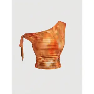 Women's Plus Size Off The Shoulder Crop Tops Tie Dye Ruched Mesh Vacation Tank Tops