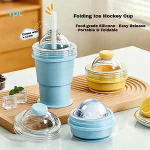 1pc Food-grade Silicone Foldable Ice Ball Cup, Ice Ball Trays, Homemade Cold Drink Cup, 2-in-1 Multi-Functional Ice Cube Mold, Summer Portable Straw Water Bottle for Outdoor Use, Perfect for family gatherings, office, summer cooling, beach, parties
