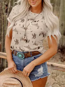 Women's Cactus & Desert Print Short Sleeve Summer T-Shirt, Casual Western Style Womenswear Tee For Daily Wear Everyday