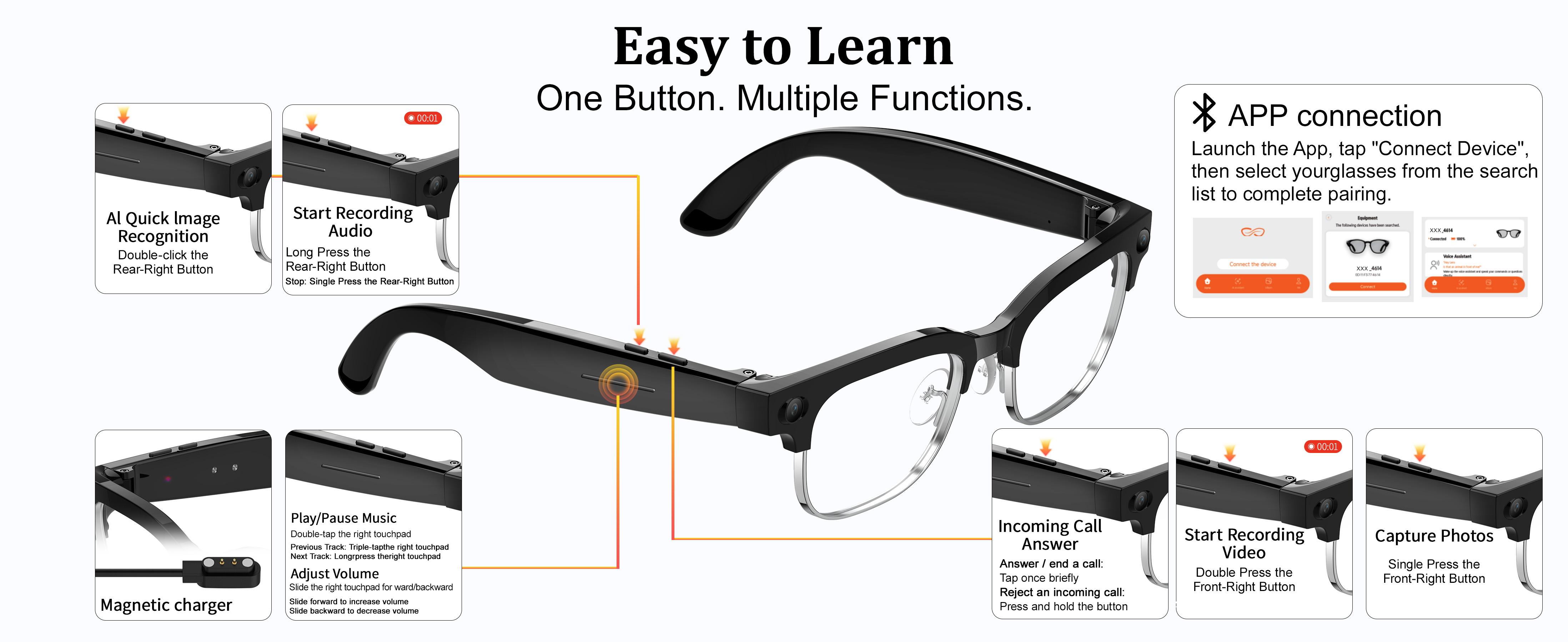 LUSBY Classic Smart Glasses - New Q12 Upgraded & Q11 AI Model, 8MP Photo/Video Recording, 160+ Languages Real-Time Translation, Photochromic UV400 Lenses, Bluetooth Wireless, Magnetic, Rechargeable Batteries, Hands-Free Business & Travel Wearable