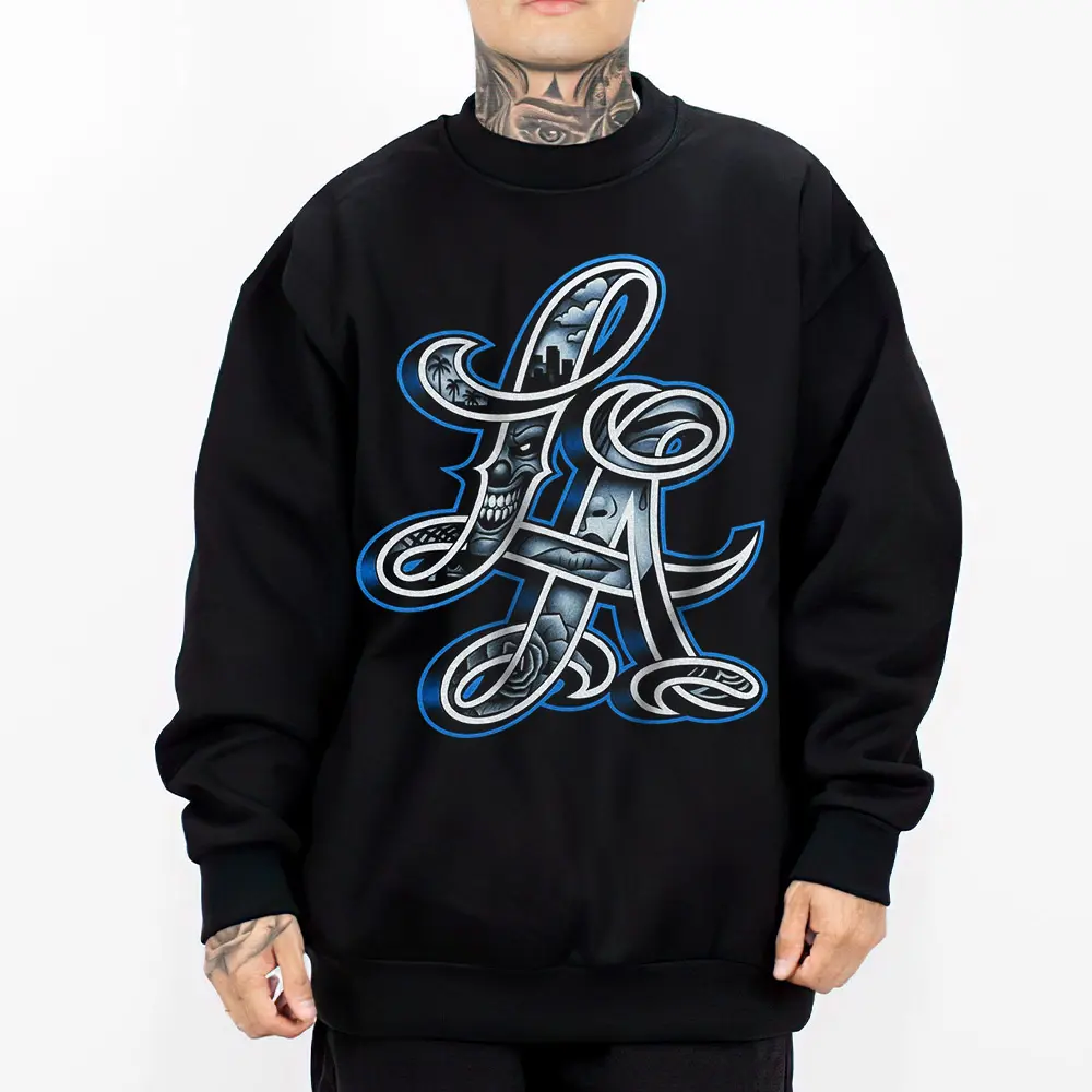 LA Chicano Clothing Cholo Gangster Skull Art Blue Hoodie for Men Streetwear Lowrider Graphic Tee Unisex Loose Fit 50% Cotton 50% Polyester Menswear - Fabric