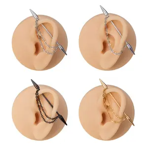 4 Pcs Spike Chain Industrial Barbell Earrings Set, Stainless Steel Cone Chain Dangle Industrial Piercing Jewelry, Punk Industrial Cartilage Earrings for Men Women