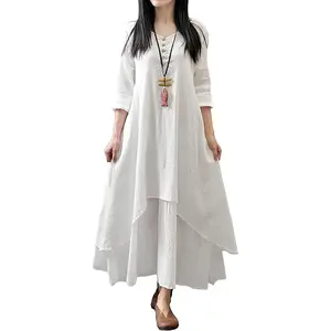 Women Long Sleeve Cotton Casual Loose Plus Size Irregular Long Dresses