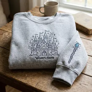 Embroidered Wizard Castle Sweatshirt, Magic Wizard Hoodie with Wand Sleeve, Fantasy Crewneck