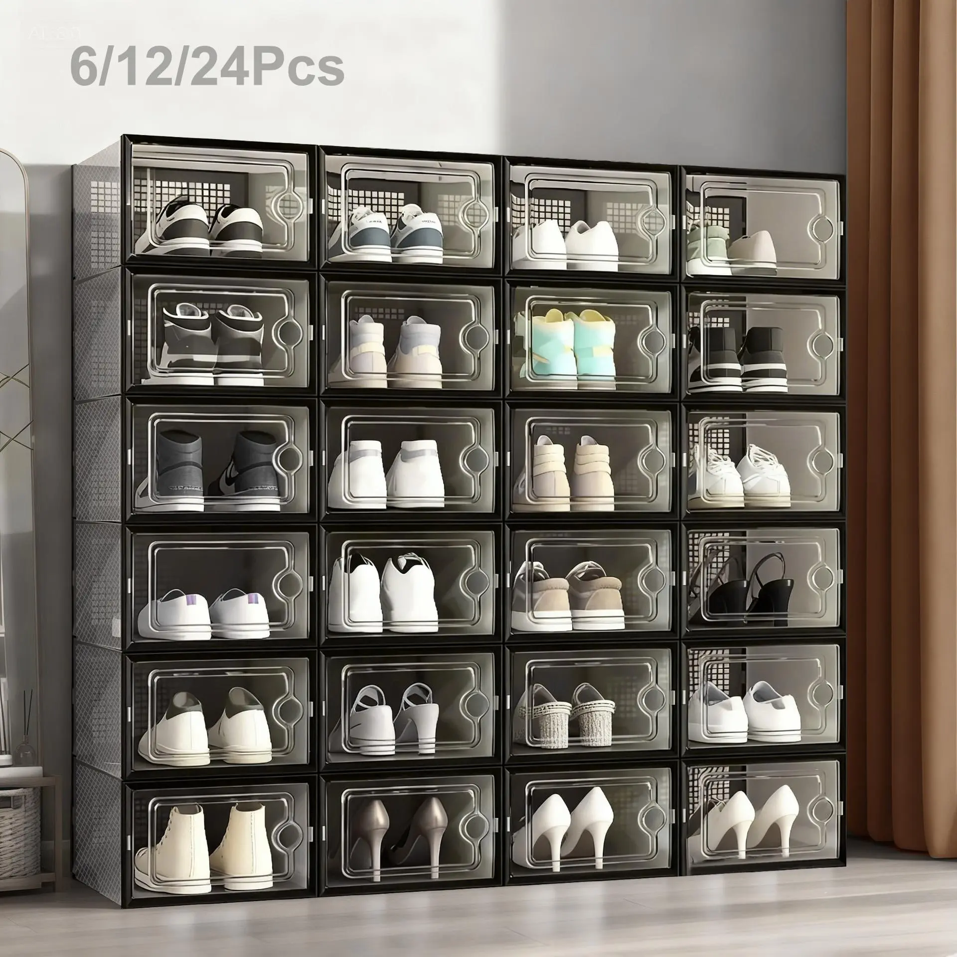 6/12/24 Pack Extra-Large Shoe Storage Organizer for Closet, Modular Space-Saving Shoe Boxes, Clear Plastic Stackable Containers, Display Case Bins with Lids