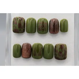 Nuts about Fall Nail Set - Fall Design with Dark Olive Green Base & Brown Acorn Leaf Patterns for Autumn Manicure handmade press-on