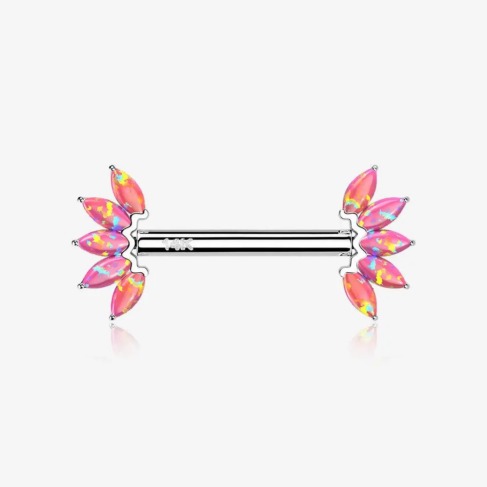 A Pair of 14 Karat White Gold OneFit™ Threadless Marquise Fire Opal Floral Nipple Barbell