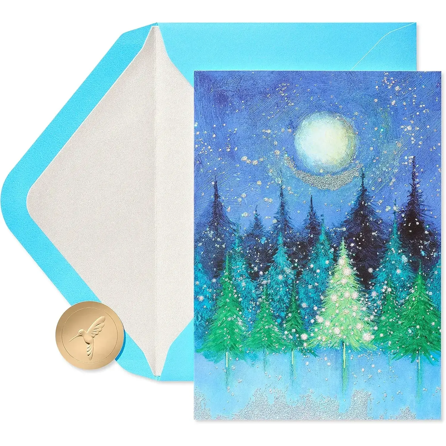 14-Count Christmas Cards Box Set with Envelopes - Aqua, Gold, Shimmering Glitter Trees, Painted Winter Scene, Peace of the Season Theme, Blank Fronts, Office Stationery Card Stock for Family, Friends, Holiday Greetings
