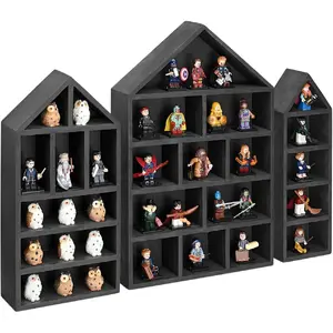 House-Shaped Wooden Shadow Cubby Box Display Shelf Organizer Storage Shadow Box for Mini Figures, Set of 3, 10 W x 2 1/4 D x 15 H in, Black Color