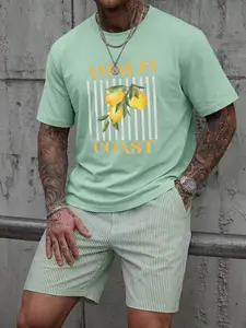 Men's Summer Casual Matching Set, Mint Green Graphic Tee And Vertical Striped Shorts, Comfortable Daily Wear For Holiday And Outdoor Activities