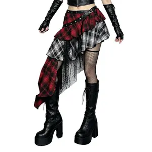 Gothic High Low Skirt for Women - Red Flared, Plaid, High Rise, Tiered Ruffled Vintage Punk for Hippie Beach and Ballroom
