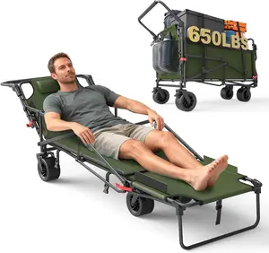 Heavy Duty Folding Wagon - 2-in-1 Collapsible Cart, 650lb Capacity, All-Terrain Wheels w/Brakes & Side Pockets (Army Green)