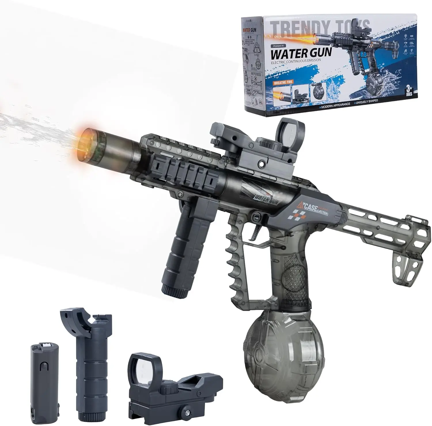Plastic Rifle-Style Water Gun, Modular Blaster for Kids Outdoor Play with Large-Capacity Drum Magazine and Simulated Flame Effect