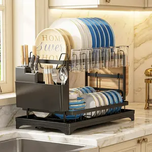 【TiktokShopSpringGlowUp】 Double-Layer Kitchen Countertop Drain Rack, Metal Material, with Drain Board, Can Hold Tableware, Carbon Steel Material, Kitchen Storage Rack 2-Tier Dish Drying Rack with Drainboard – Rustproof Steel Kitchen Organizer wash