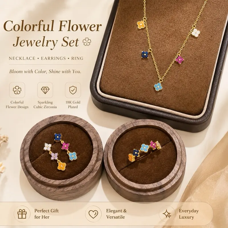 18K Gold Plated Colorful Flower clover four-leaf clover Jewelry Set