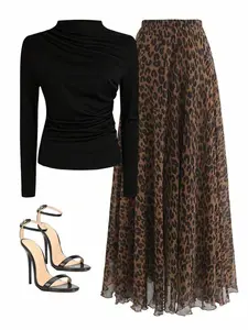 Ruched Bodycon Fitted Long Sleeve Top + Polka Dot Leopard High Waist Long Skirt Set, Versatile Style for Daily Dating Commuting, Spring & Fall Essential