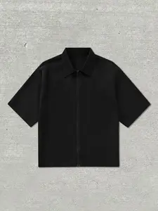 Men's Letter Print Zipper Half Placket Short Sleeve Shirt, Regular Fit Casual Street Short Sleeve Collared Top for All Seasons, Men's Clothes for Daily Wear, Tropical