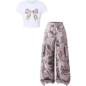 Tween Girls Clothes 2 Piece Outfit Bow T-Shirt Top + Cargo Pants Teen Girl Clothing Set, Sizes 7-16 Years