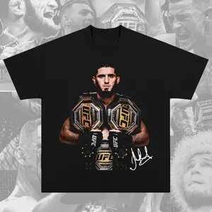 Islam Makhachev Double Champ Graphic Tee UFC T-Shirt Ultimate Fighting Championship MMA Short Sleeve Crew Neck Soft Cotton American Made Fightwear for UFC & Sports Fans - Menswear