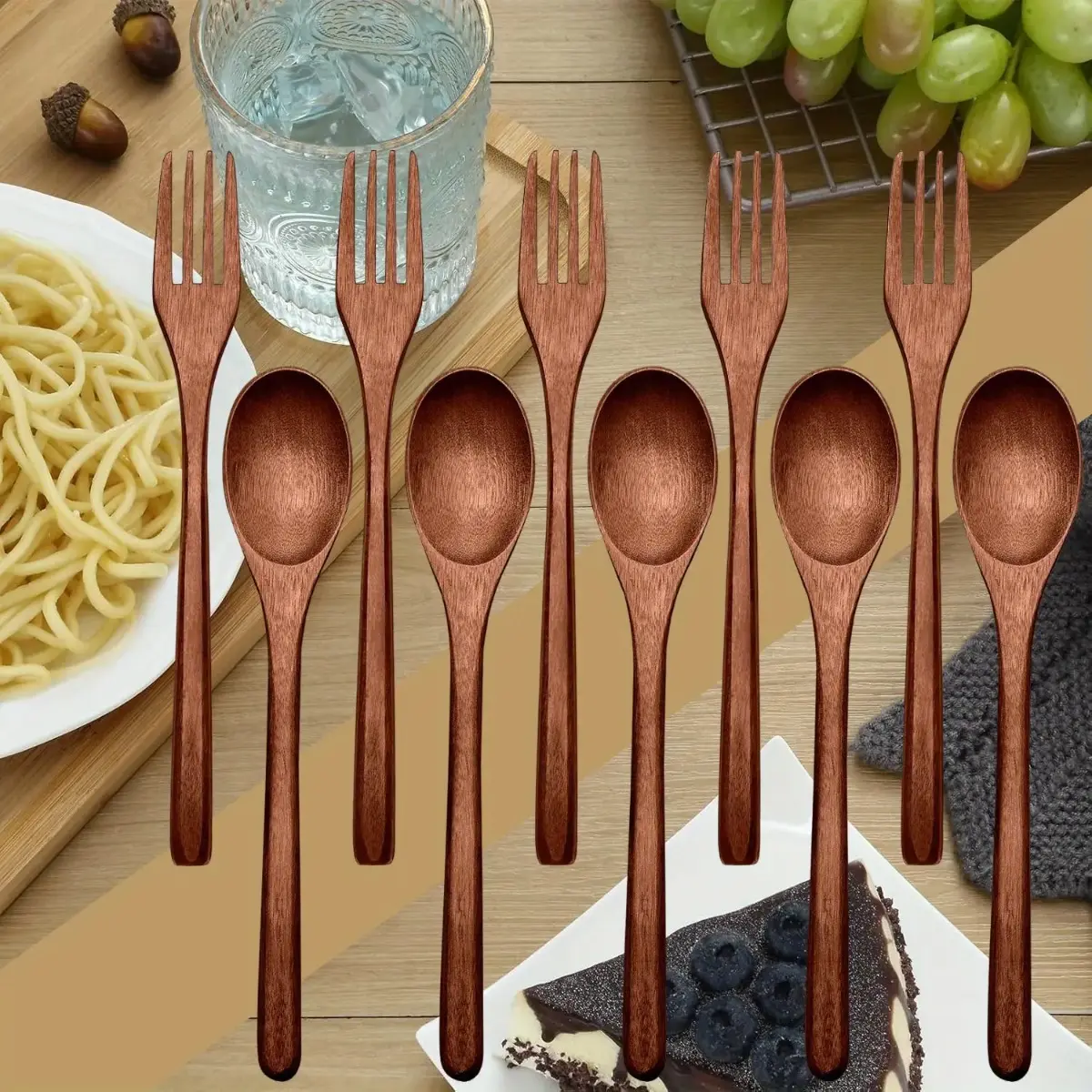 10-Piece Japanese Wooden Dinner Utensil Set, Heat Safe & Reusable Cutlery for Eating, Compact & Portable for Outdoor Travel, Wooden Utensils For Eating, Cutlery Set, Spoons And Forks Set, Tableware Sets