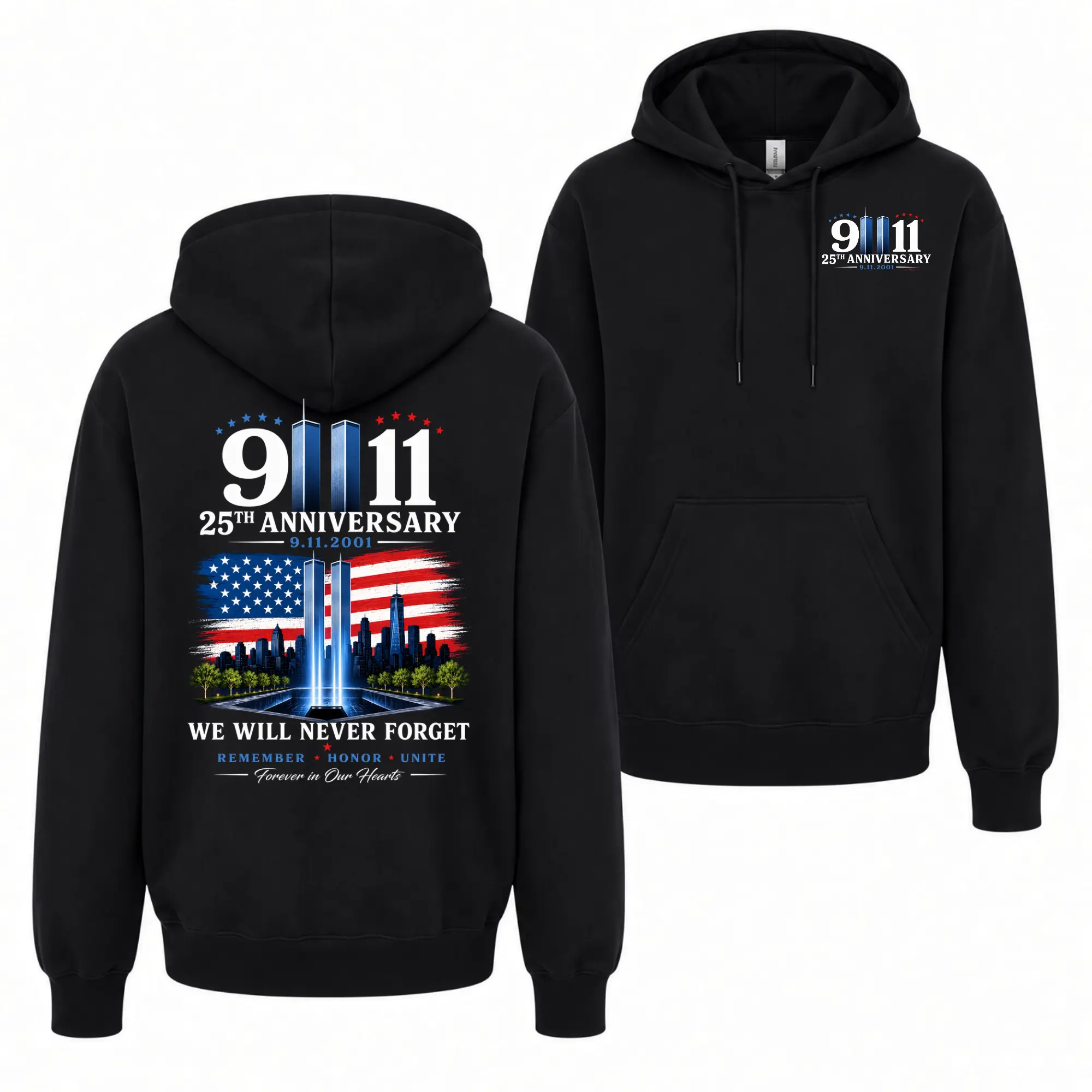 9/11 25th Anniversary Hoodie – We Will Never Forget Memorial Hoodie, Patriotic Gift for Men, Women, Firefighters & First Responders