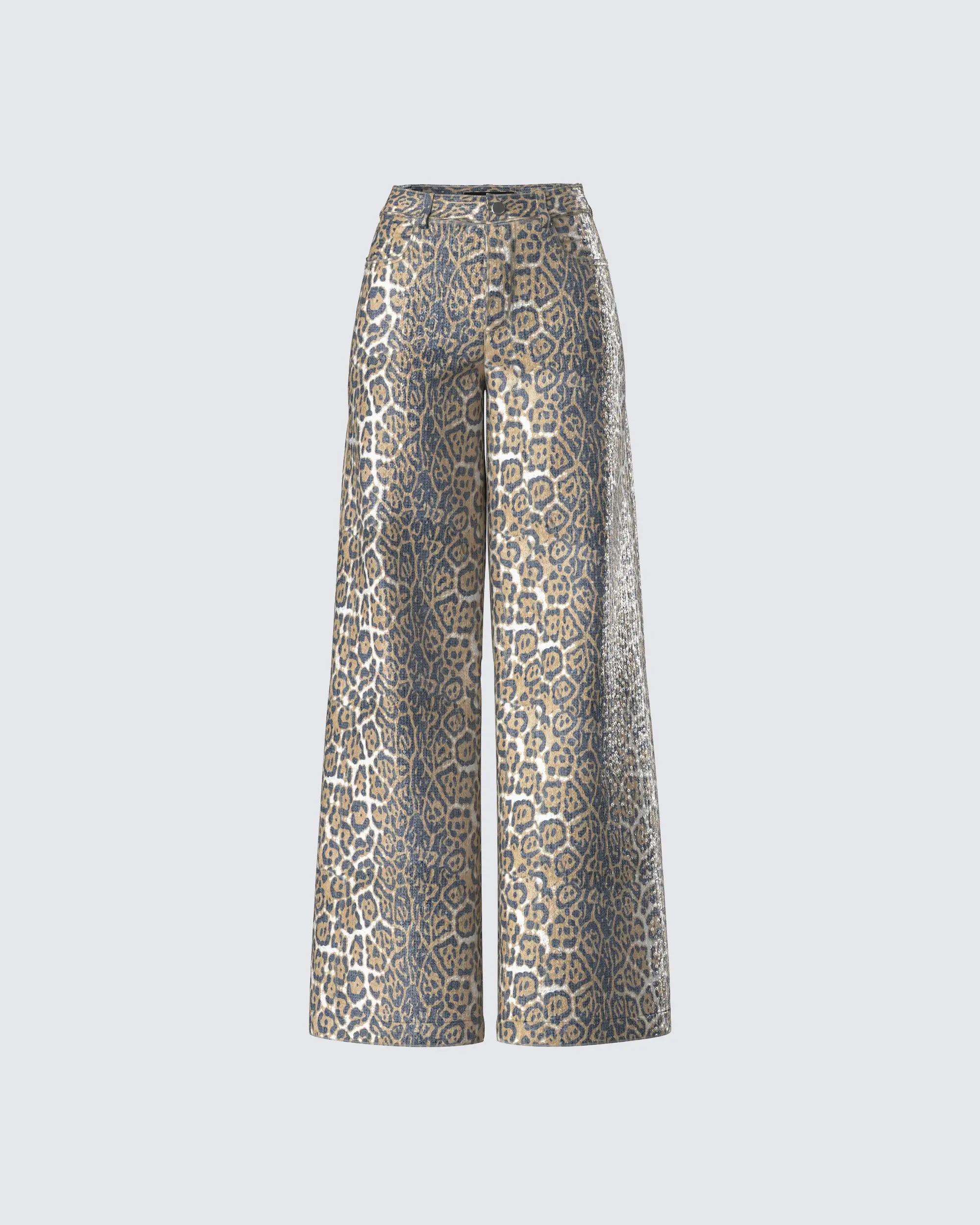 Women's High-Rise Wide-Leg Leopard Print Sequin Cotton Bottoms - Suitable for Holiday Parties, Club Nights, Leopard Print Pants, High Waisted Wide Leg Pants, Lady, Sequin Sparkles, Full-Length