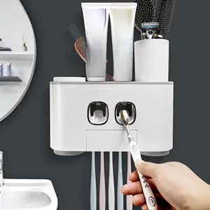 Toothbrush Holder Wall Mounted,  Multi-Functional Toothbrush and Toothpaste Dispenser for Bathroom, 2 Toothpaste Squeezers and 4 Cups Set