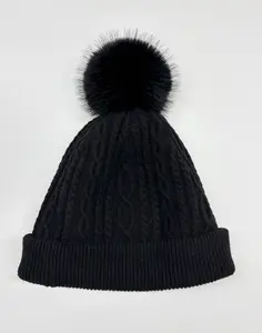 Black Cable Knit Hat Winter Beanie unisex Fashion with Faux Fur Pom Pom for Cozy Style Warm Cable Knit Material Versatile Cold Weather Accessory