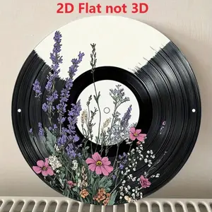 Vintage Aluminum Record Wall Art with Floral Wreath Design 8 Inch Round Rustic Home Decor for Living Room Bedroom Bar Cafe