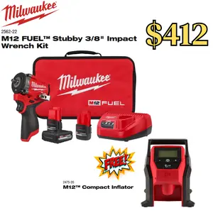 Milwaukee M12 Gen 2 3/8" Stubby Impact Kit with Free Tire Inflator