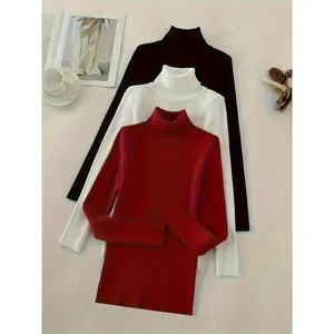 3 Packs Knitted Turtleneck Pullover Sweater, Long Sleeve Casual Solid Color Sweater For Fall & Winter, Women's Clothing