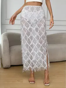 Rhombus Fringe Sequin Sheer Mesh Long Dress, High Waist Split Design, Sexy Shimmer Slimming, Perfect for Parties, Nightclubs, Evening Events, Womenswear