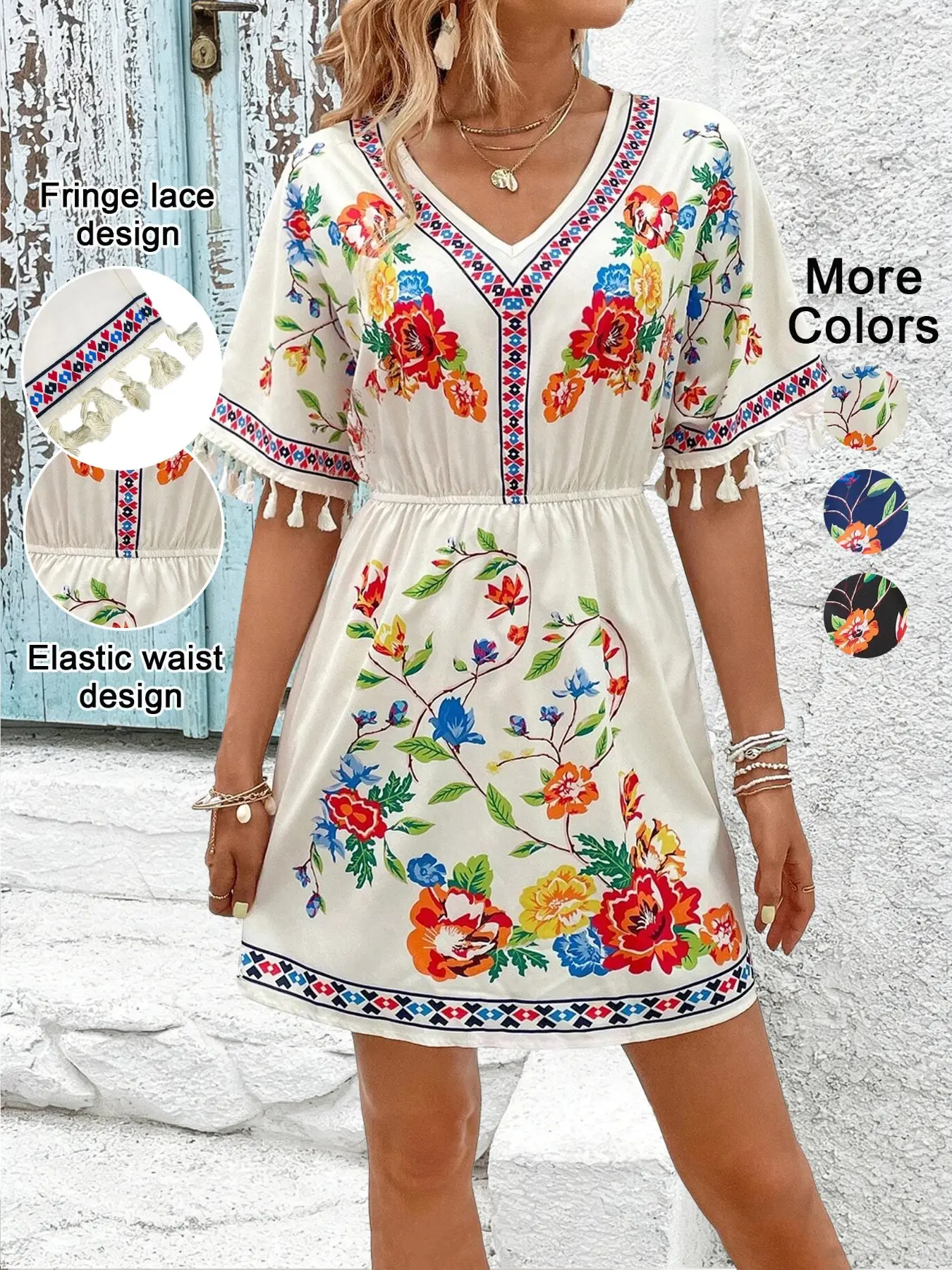 Summer Floral Print Fringe Sleeve Dress, Boho Bohemian Dress, Ethnic Vintage Bohemian V Neck Short Sleeve Waist Cinching Style, Casual Boho Elegant Vacation Wear, Boho Sundresses, Boho Summer Clothes, Womenswear