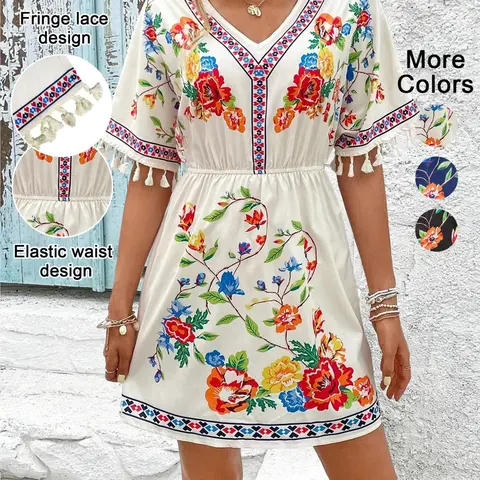 Summer Floral Print Fringe Sleeve Dress, Boho Bohemian Dress, Ethnic Vintage Bohemian V Neck Short Sleeve Waist Cinching Style, Casual Boho Elegant Vacation Wear, Boho Sundresses, Boho Summer Clothes, Womenswear