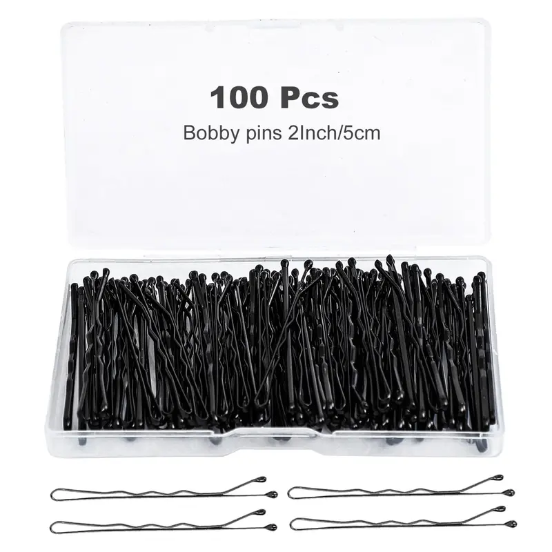 100Pcs Bobby Pins Black Hair Pins Kit for Women Girls Kids Premium Wavy Black Bobby Pins Hair Clips with Storage Box,Suitable for All Hair Types (2Inch)