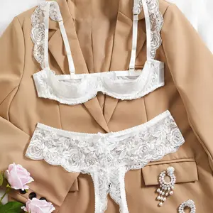 2pcs Women Contrast Lace Sexy Lingerie Set (With Underwire) Bra Day sweet for girls tiktok made me buy it nightgown slip fyp Fabric Party thong strappy sheer spicy christmas gift