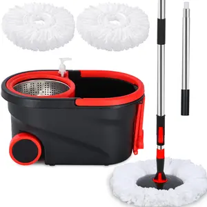 360° Spinning Mop Bucket System with 3 Microfiber Mop Replacement Heads and 61" Stainless Steel Adjustable Handle for Floor Cleaning summerwins