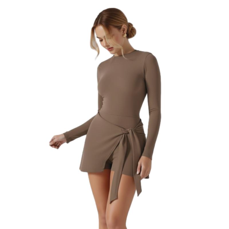 Women's Long Sleeve Solid Color Tennis Dress with Side Slit & Built-in Shorts for Yoga Golf & Athletic Activities High Stretch Nylon Sports Dress Crew Neck Spring Summer