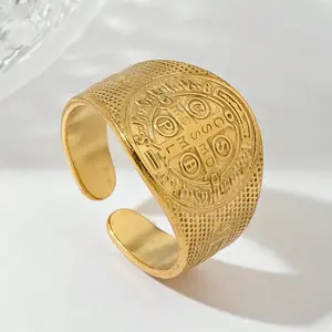 1 wide titanium steel ring in the shape of Saint Benedict, suitable for daily wear for both men and women, classic everyday style, meaningful gift for friends and relatives
