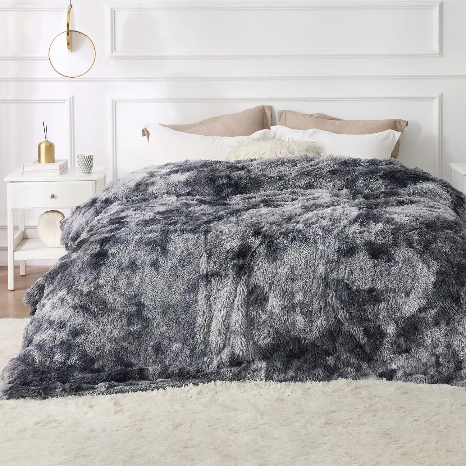 King Size Grey Tie-Dye Sherpa Faux Fur Blanket - Thick, Shaggy Plush, Heavyweight, Winter Warm, Oversize (108x90 in) - Valentine, Birthday Commemorative Gifts for Adults, Father's Day