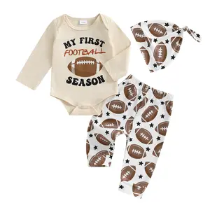 Baby Boy Fall Football Outfit Letter Rugby Print Crew Neck Long Sleeve Romper Pants and Cap 3 Pcs Set